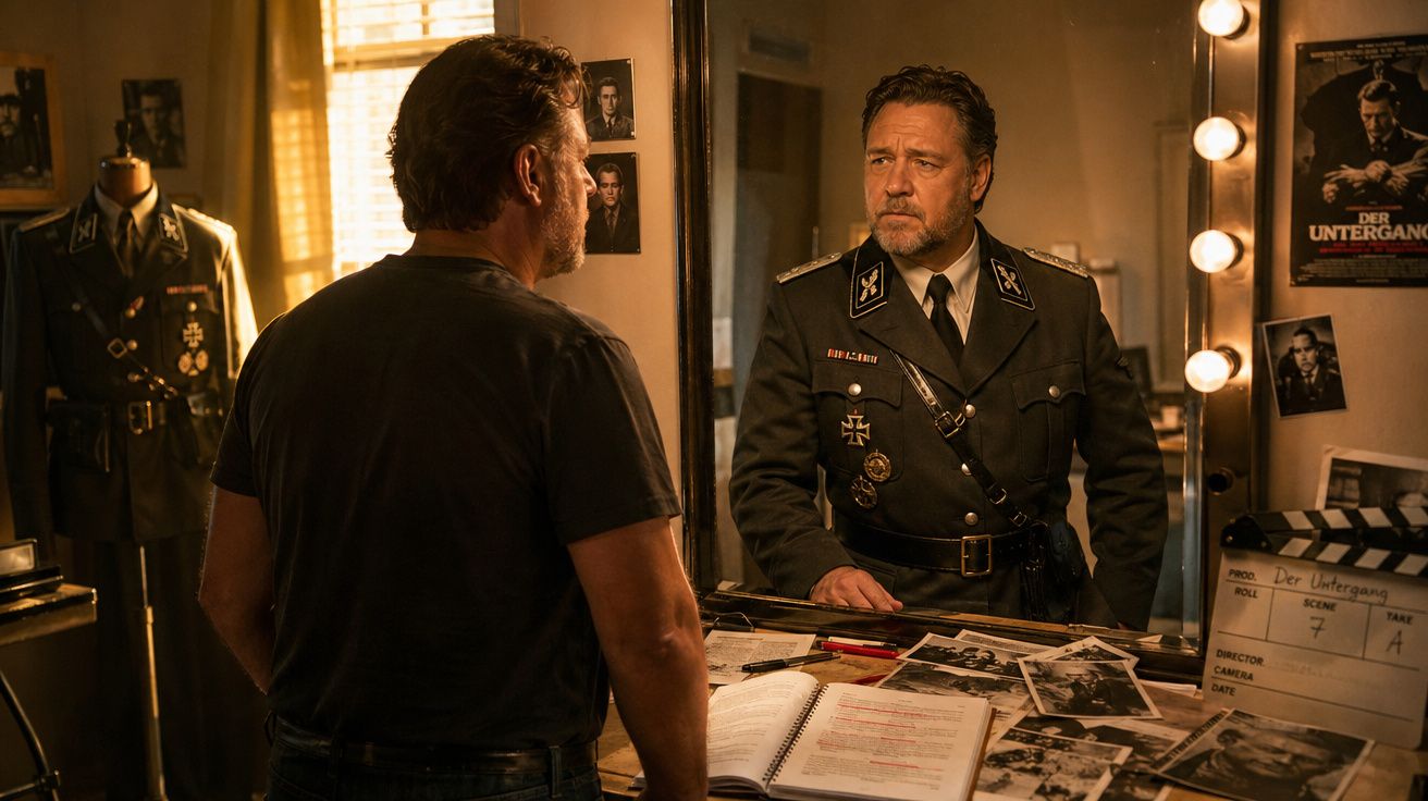 Homem em t-shirt observa reflexo de si próprio vestido com uniforme militar nazi numa divisão com fotografias e documentos.