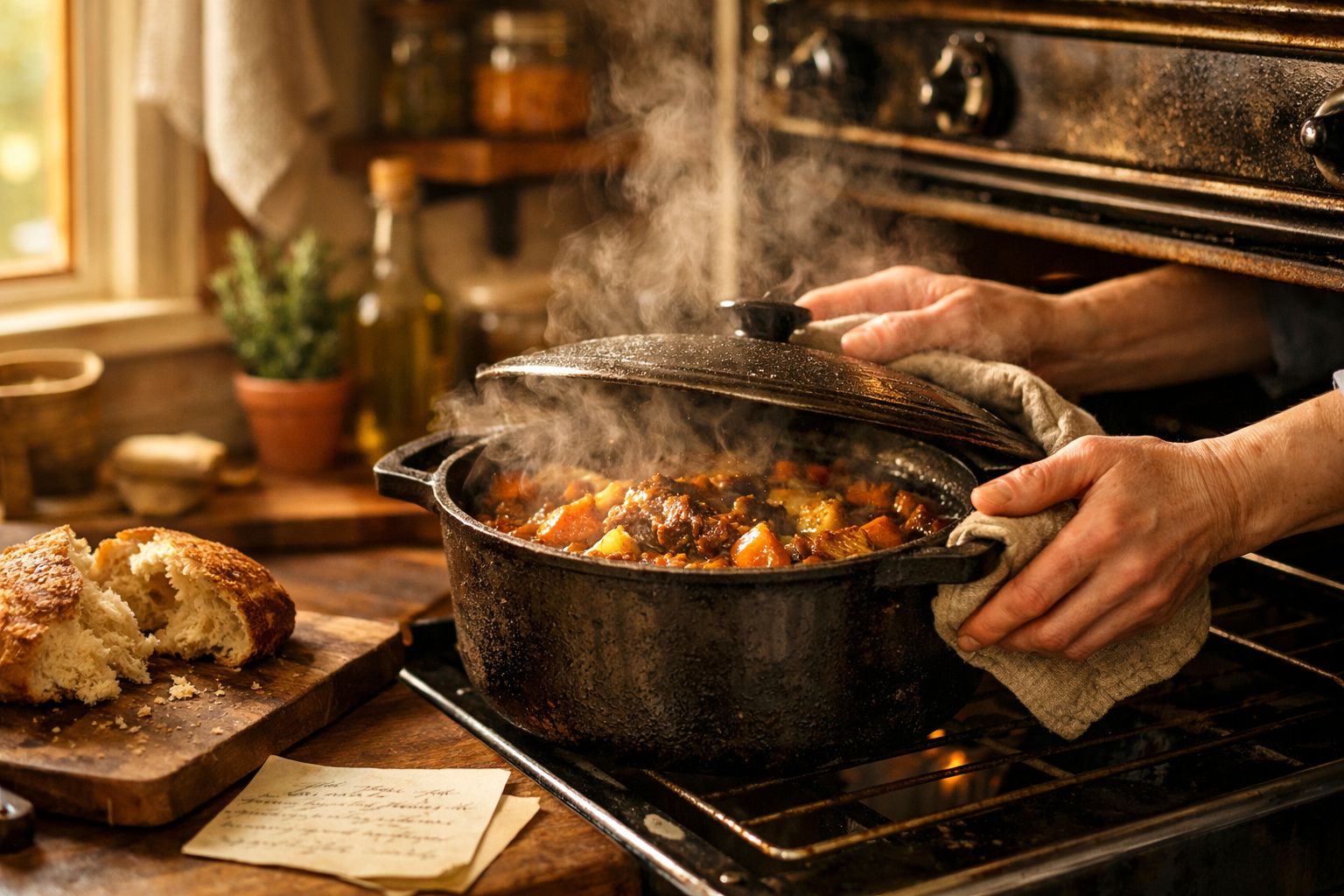 Panela de ferro a ser retirada do forno com guisado fumegante e pão rústico partido ao lado.