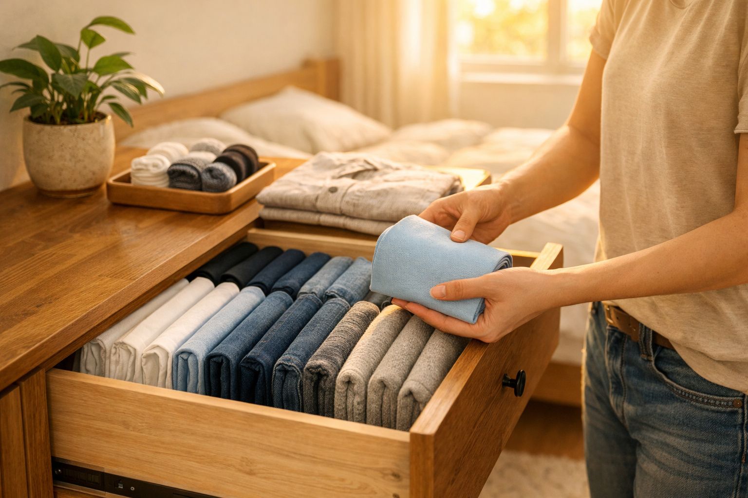 Pessoa a organizar roupas dobradas num armário com luz natural suave.