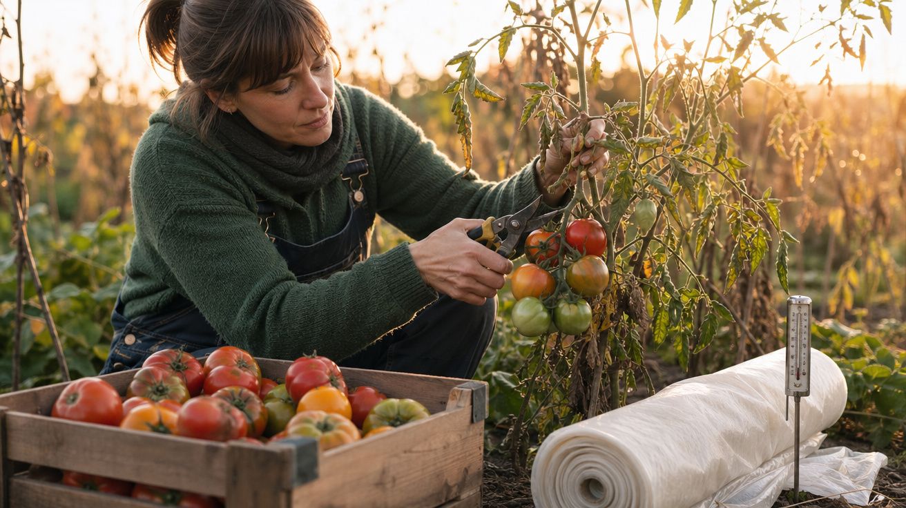 Mulher colhe tomates maduros numa quinta ao pôr do sol, com caixa cheia de tomates ao lado.