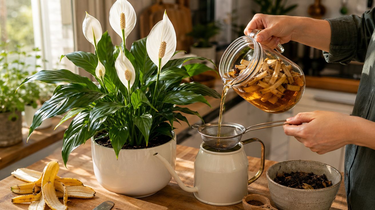 Pessoa a coar chá de raízes em jarro branco, com planta flor-de-lis e cascas de banana na mesa de madeira.