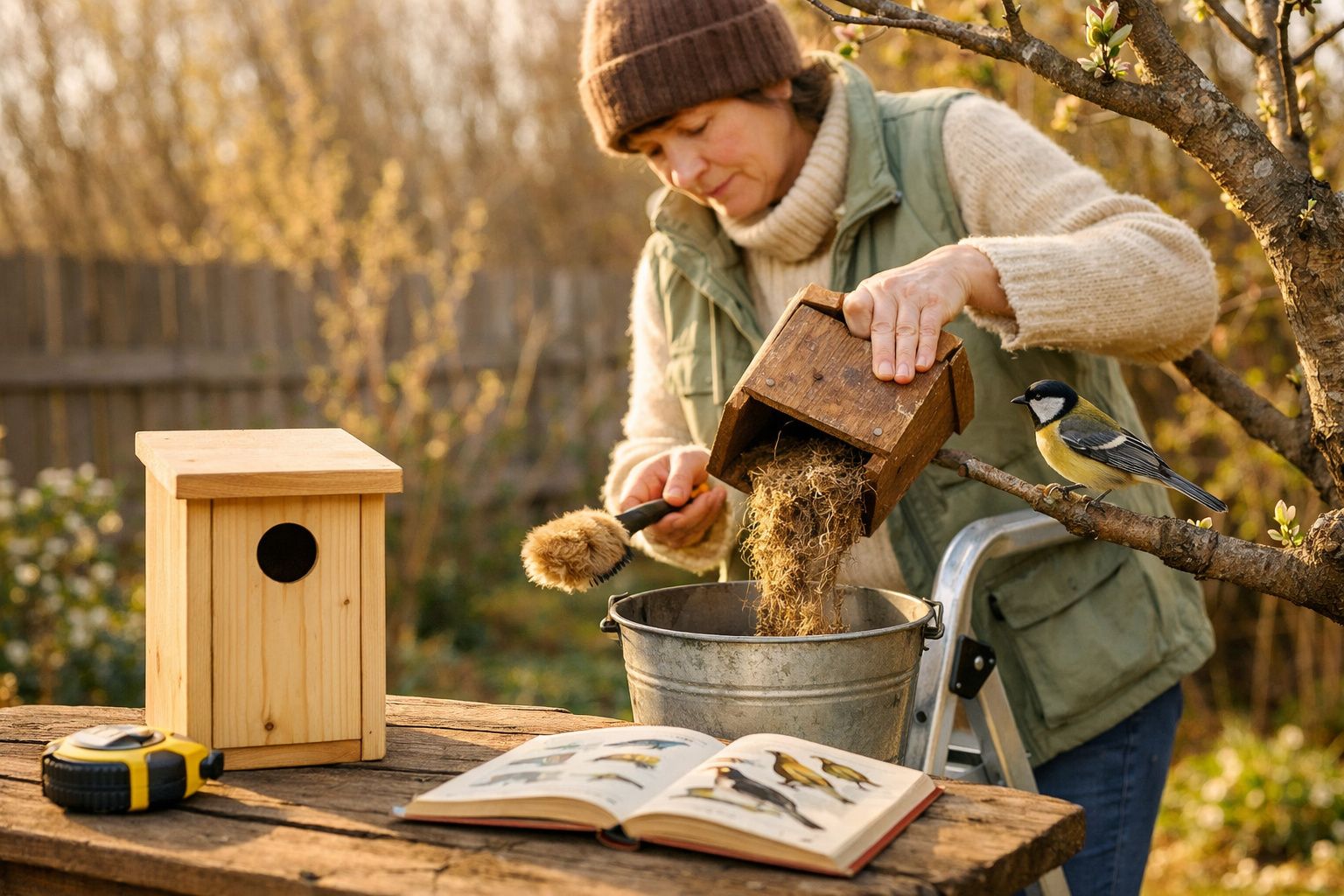 Pessoa a limpar uma casa de pássaros de madeira no jardim, com um livro sobre aves aberto na mesa.