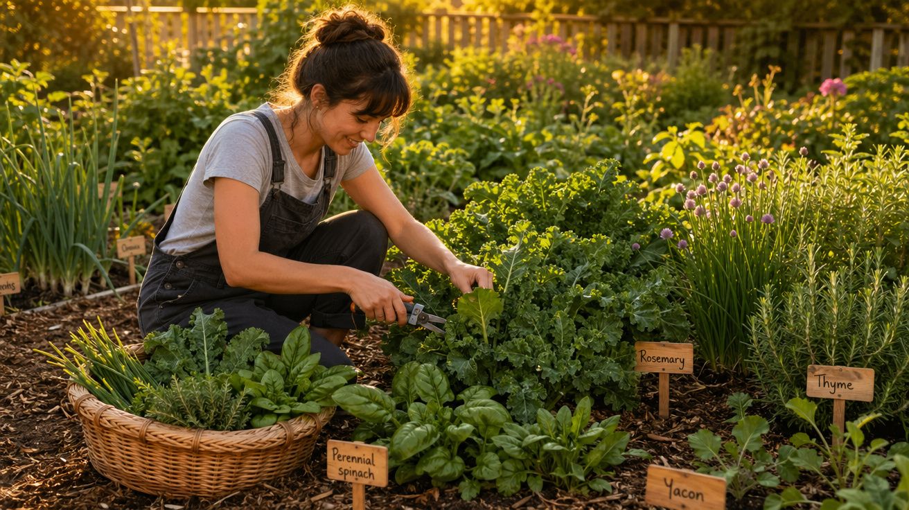 Mulher a colher hortaliças num jardim com placas identificativas das plantas à volta.