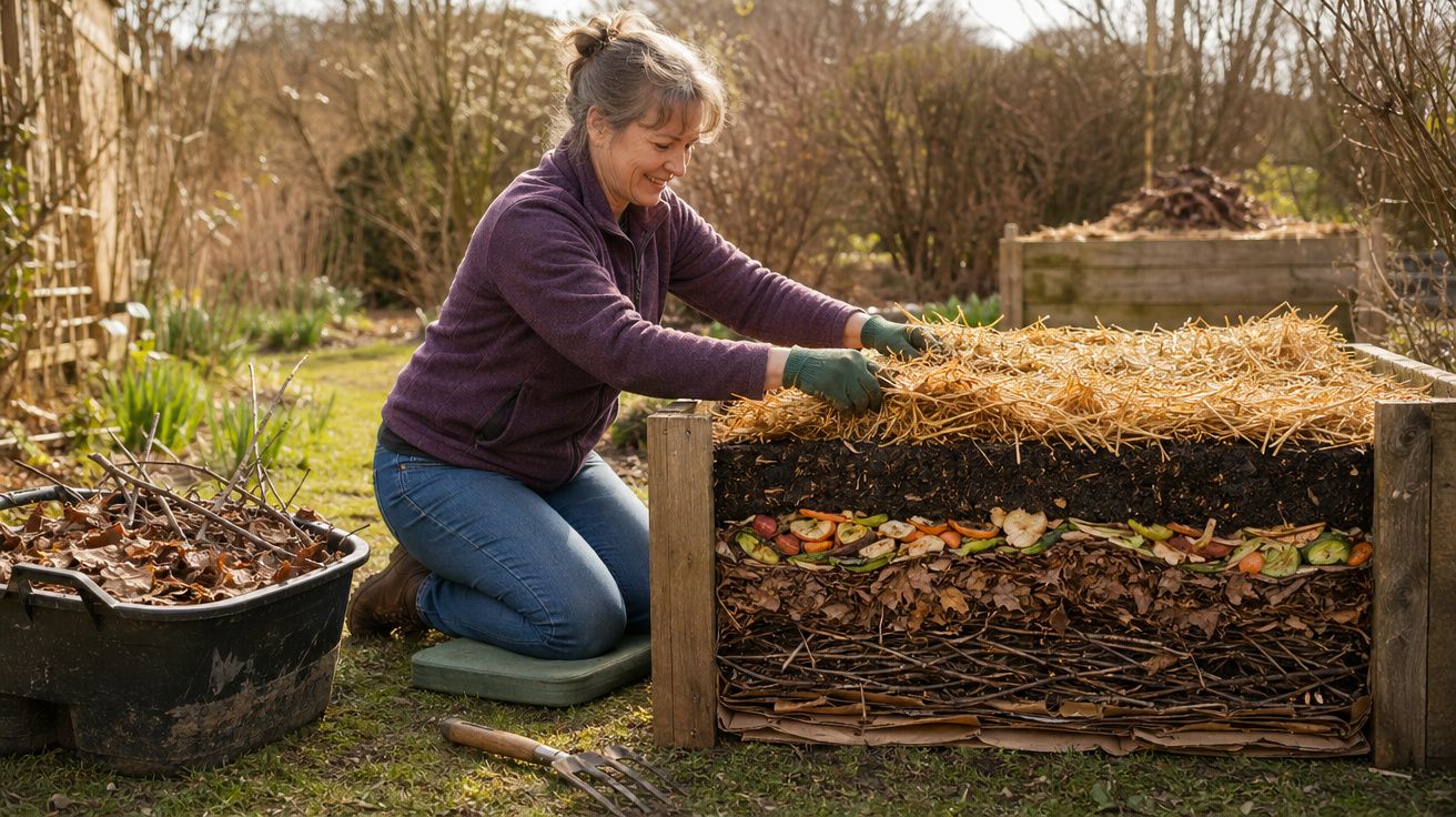 Mulher a preparar compostagem com vários materiais orgânicos em caixa de madeira no jardim.
