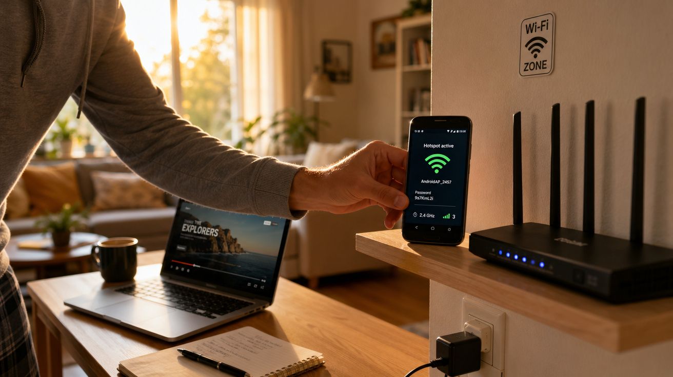 Pessoa a configurar hotspot de Wi-Fi num smartphone junto a router, com portátil e bloco de notas numa mesa.