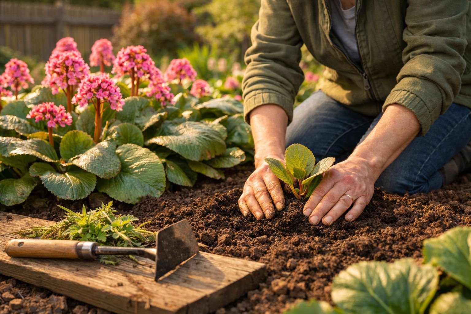 Pessoa a plantar uma muda em terra fofa num jardim com flores rosas ao fundo.
