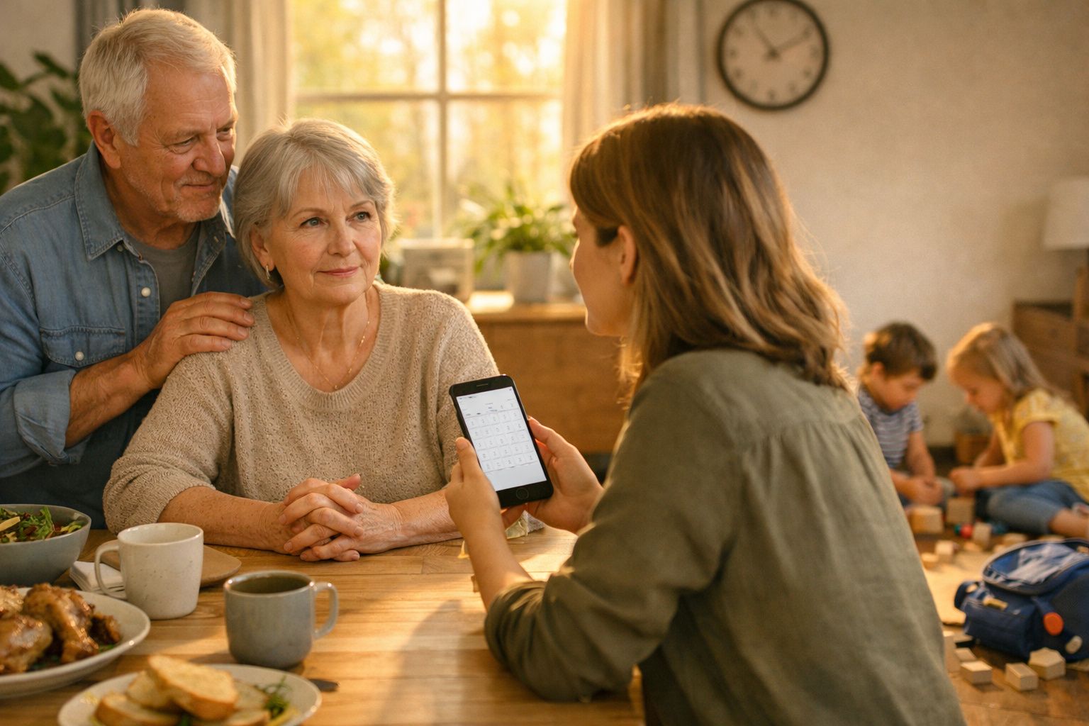 Mulher mostra telefone a casal sénior sentado à mesa enquanto duas crianças brincam ao fundo.