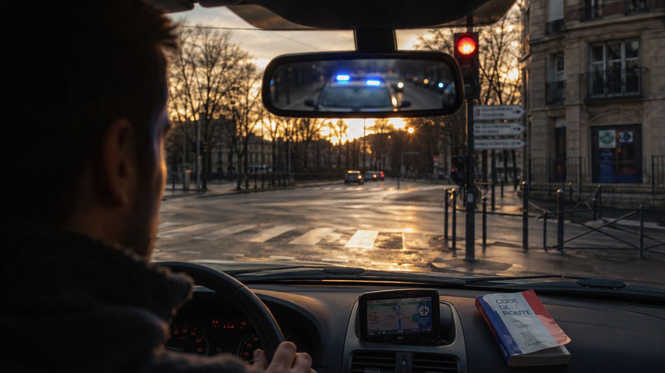 Homem ao volante de carro com viatura policial com luzes azuis refletida no espelho retrovisor.