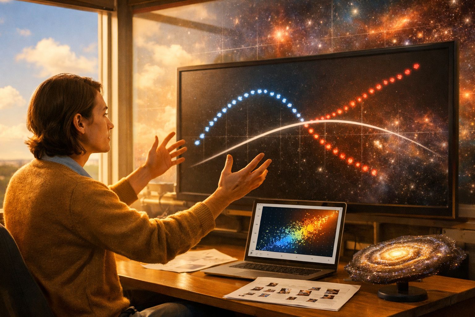 Homem a analisar gráficos cósmicos e dados astronómicos em ecrã grande e portátil numa sala iluminada.