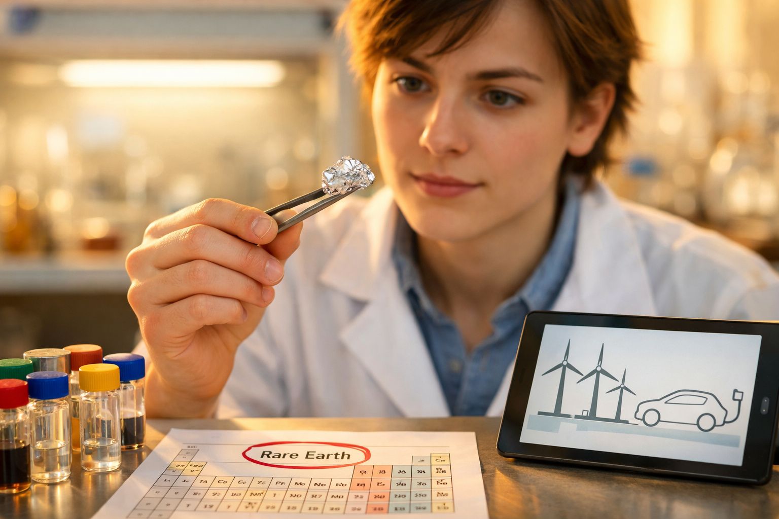 Cientista segura diamante com pinça, ao lado de tabela periódica e tablet com imagem de turbinas e carro elétrico.