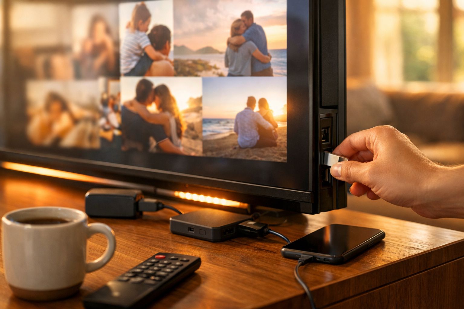 Mão a inserir pen USB numa televisão que mostra fotos de casais ao pôr do sol numa sala acolhedora.