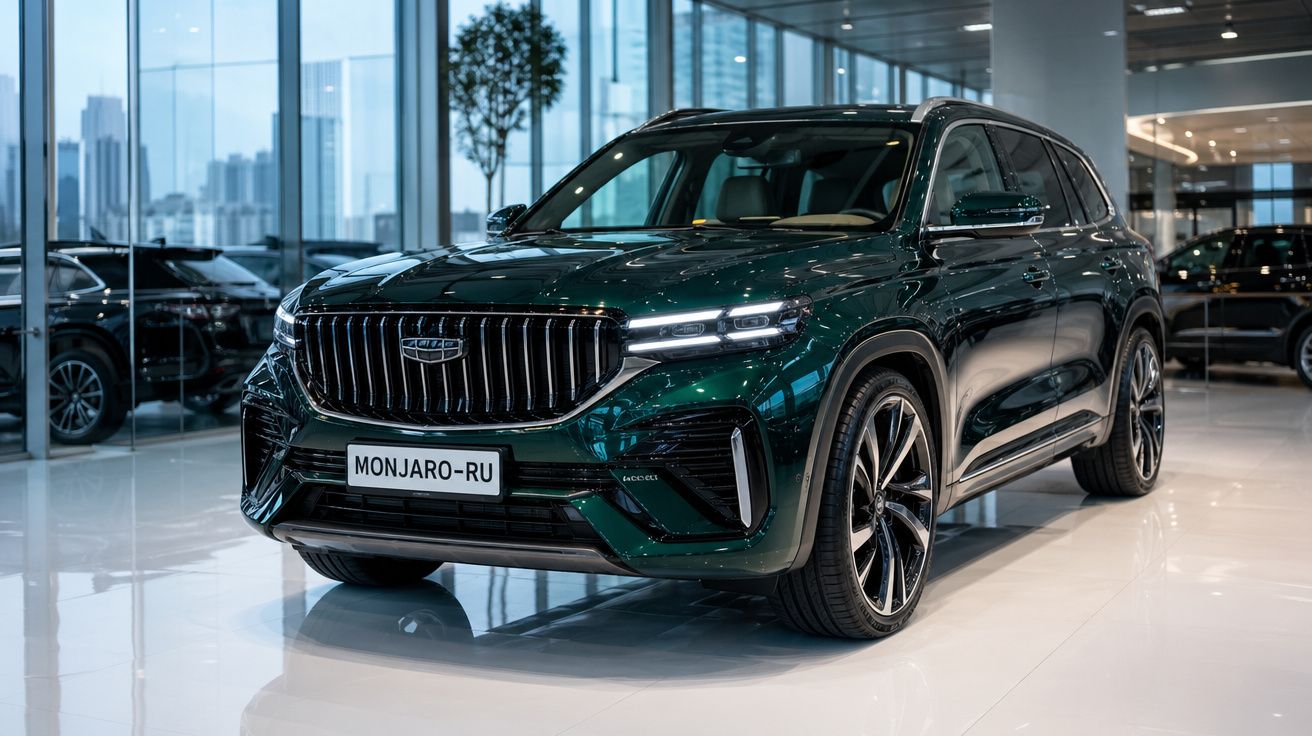 Carro SUV verde escuro Geely Monjaro-RU exposição em showroom moderno com vidros amplos.