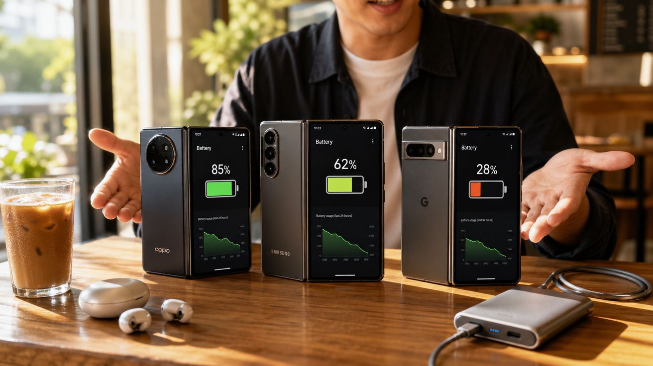 Três smartphones dobráveis com indicação de bateria, um copo de café, auriculares e powerbank numa mesa de madeira.