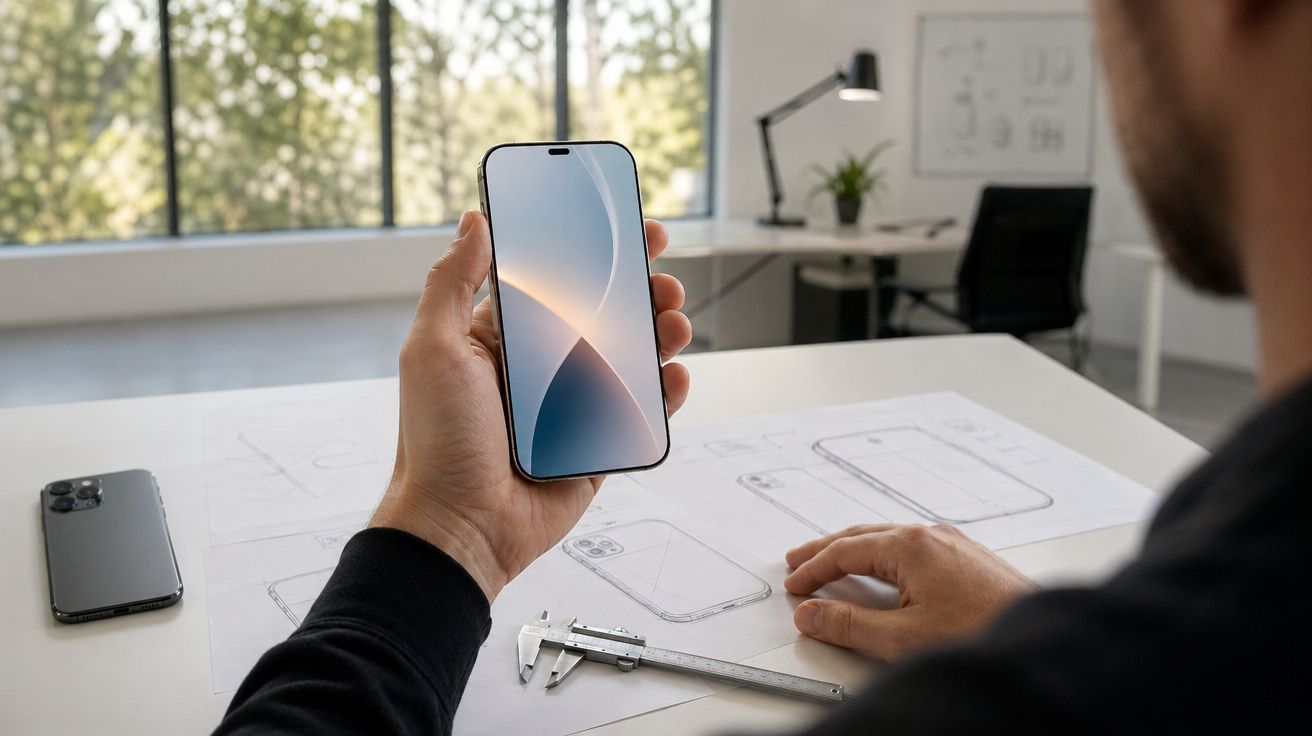 Pessoa segurando um smartphone com ecrã ligado sobre mesa com desenhos técnicos e ferramenta de medição.