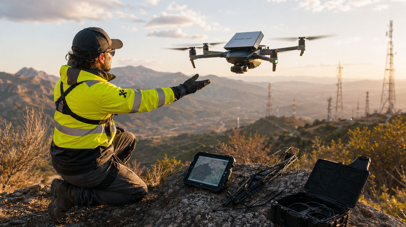 Homem com jaqueta amarela controla drone numa montanha com equipamentos tecnológicos ao redor.