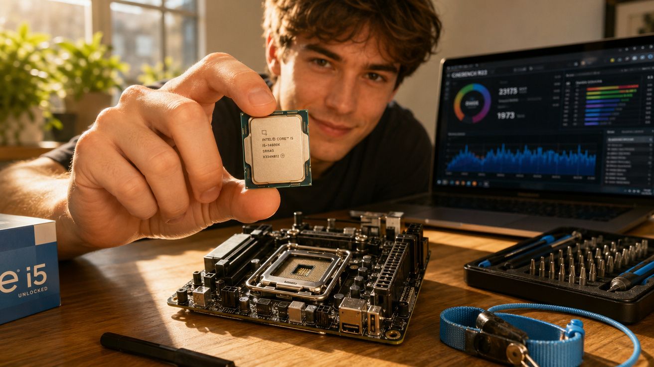Jovem a segurar processador Intel Core i5 junto a uma motherboard, computador portátil e ferramentas numa mesa.