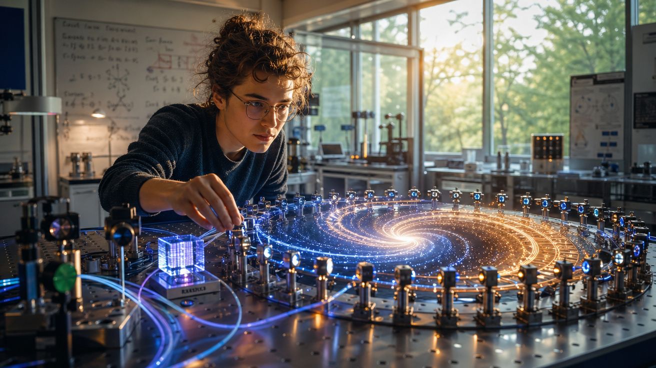 Mulher em laboratório a interagir com modelo holográfico luminoso que representa uma galáxia espiral.