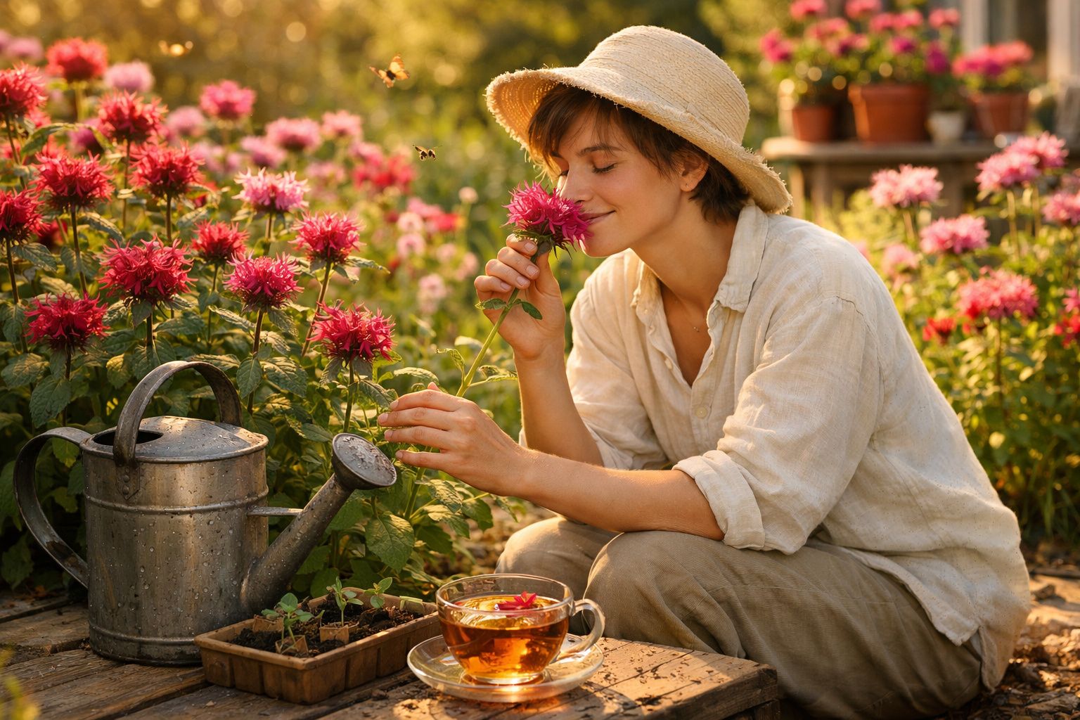 Mulher com chapéu a cheirar flor rosa num jardim florido com regador e chá numa chávena.