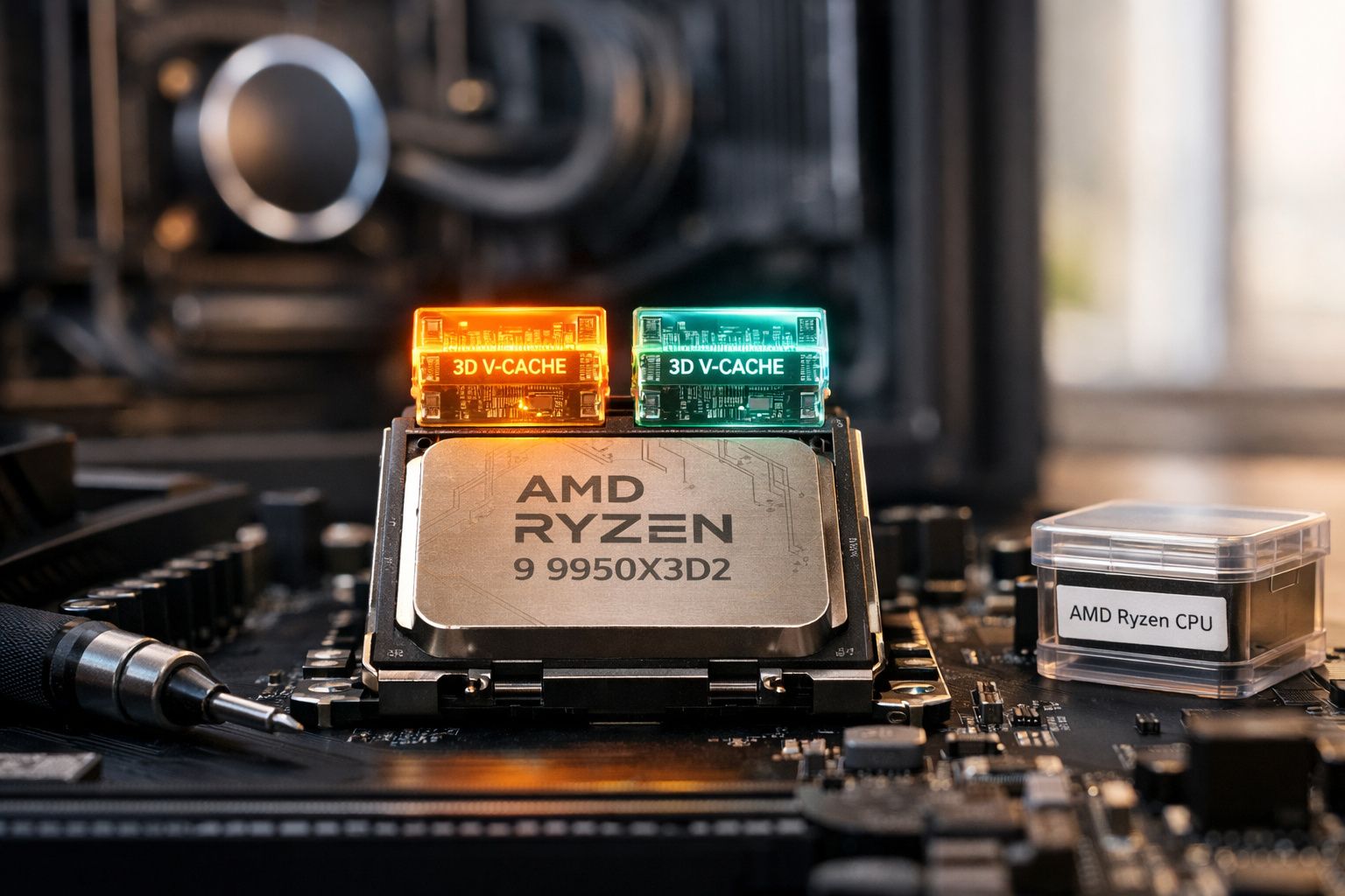 Processador AMD Ryzen 9 9950X3D com módulos 3D V-Cache iluminados em placa-mãe.