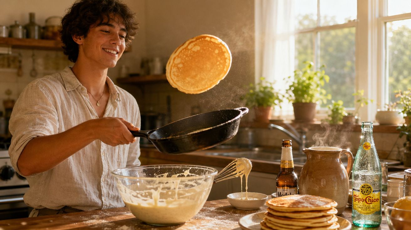 Homem a fazer panquecas numa cozinha ensolarada, a virar uma panqueca na frigideira.