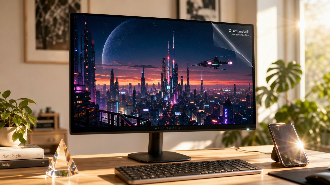 Monitor Alienware num ambiente de trabalho com imagem futurista de cidade à noite e acessórios na secretária.