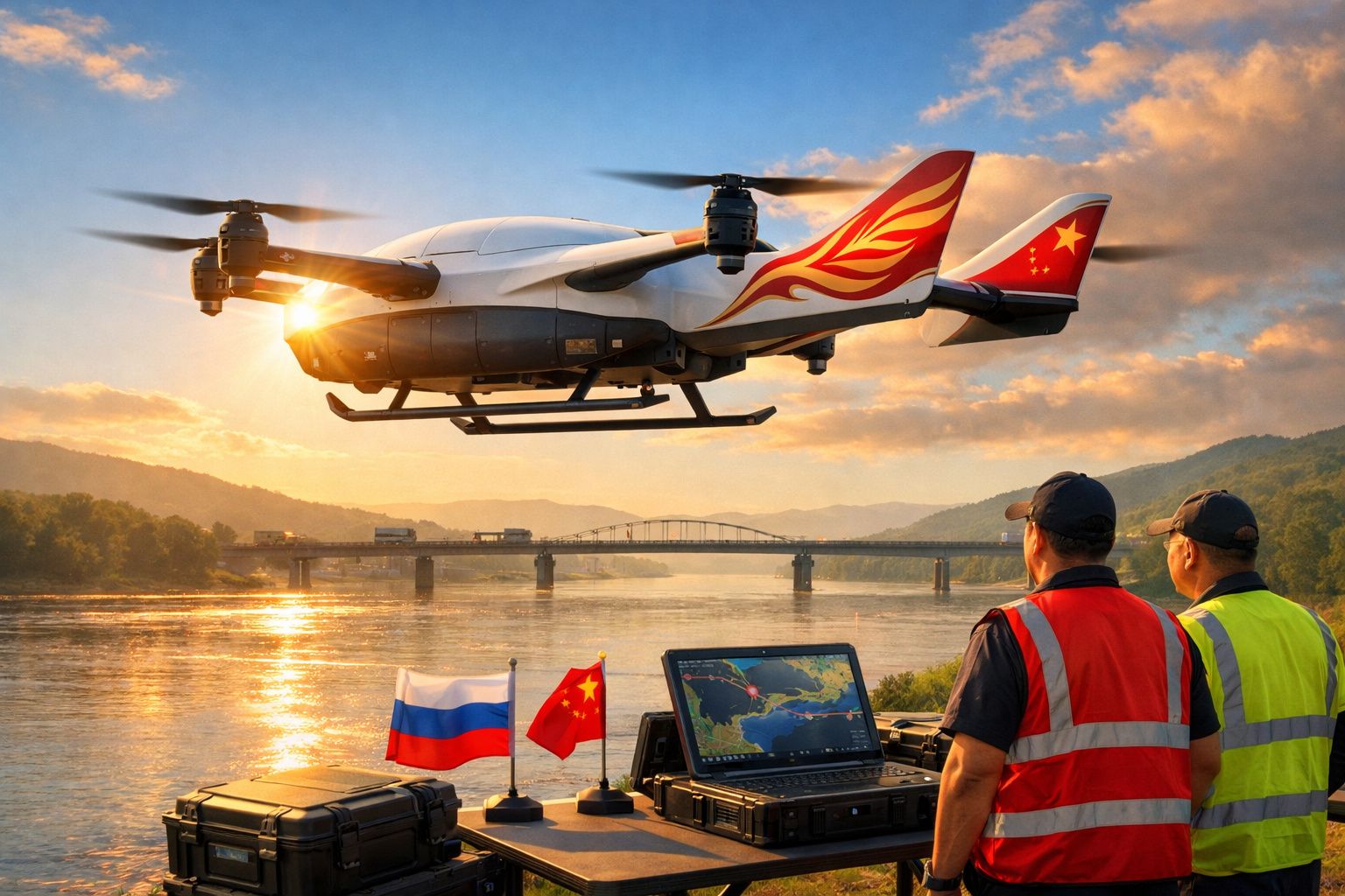 Drone voador sobre rio ao pôr do sol com dois homens a controlar e bandeiras da Rússia e China.