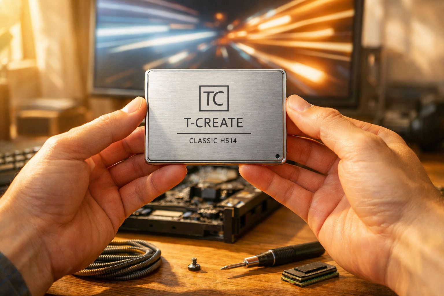 Mãos seguram dispositivo T-CREATE Classic H514 com componentes eletrónicos e computador ao fundo.