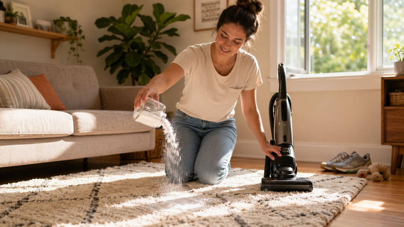 Mulher a deitar bicarbonato de sódio no tapete antes de aspirar numa sala iluminada e acolhedora.