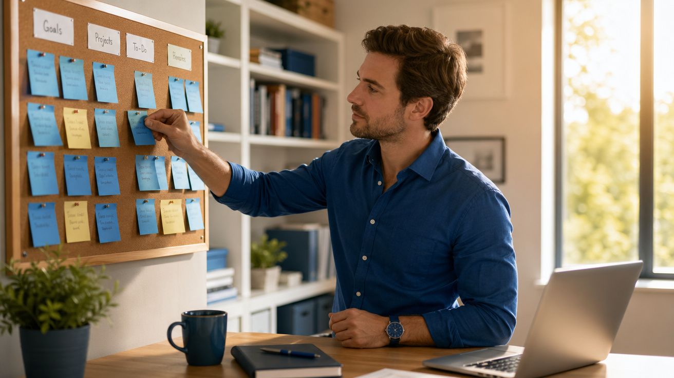 Homem a analisar notas em quadro de avisos num escritório luminoso com computador portátil e caderno à sua frente.