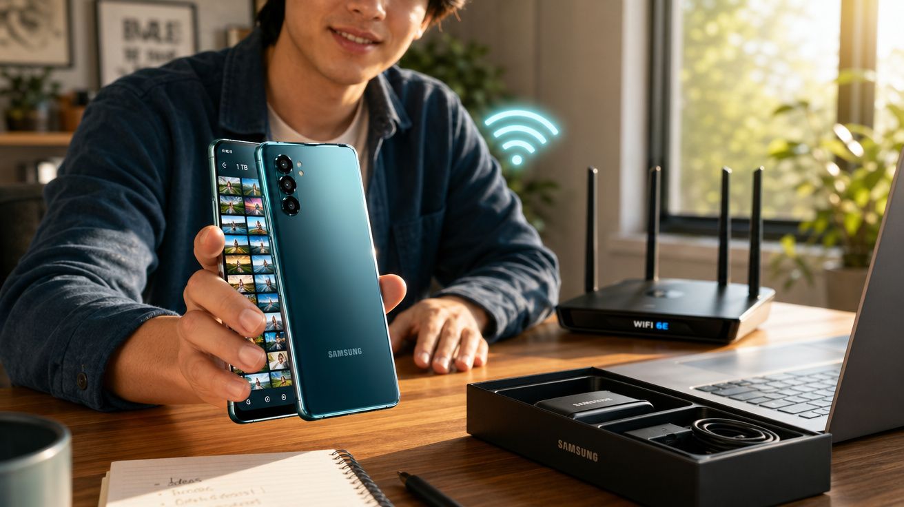 Pessoa a mostrar smartphone Samsung Galaxy com router Wi-Fi 6E e portátil numa secretária.