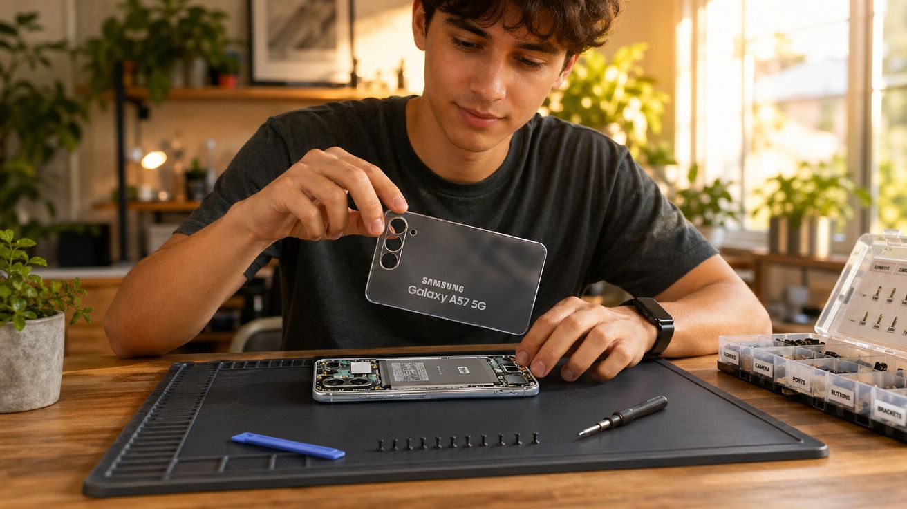 Jovem a reparar um smartphone Samsung Galaxy A57 5G com ferramentas numa mesa organizada.