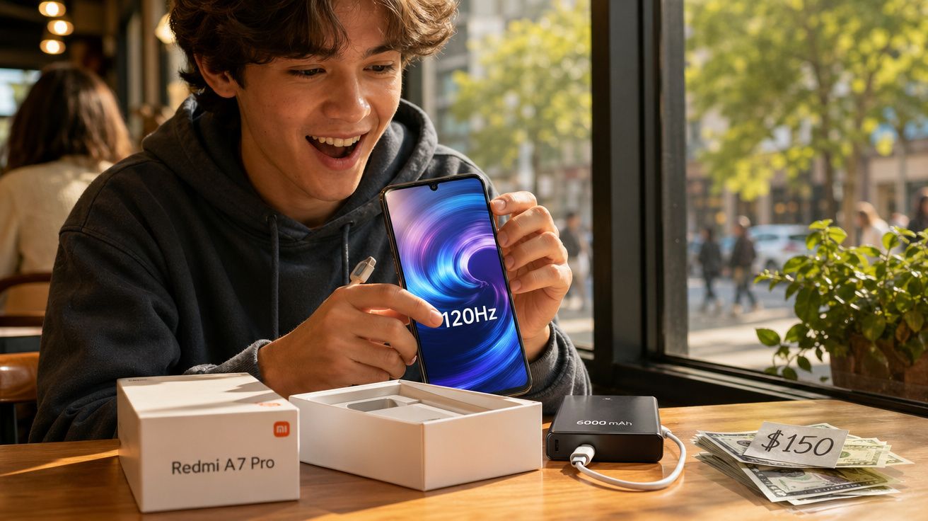 Jovem feliz mostra smartphone Redmi A7 Pro com ecrã 120Hz, carregando com power bank numa mesa de café.