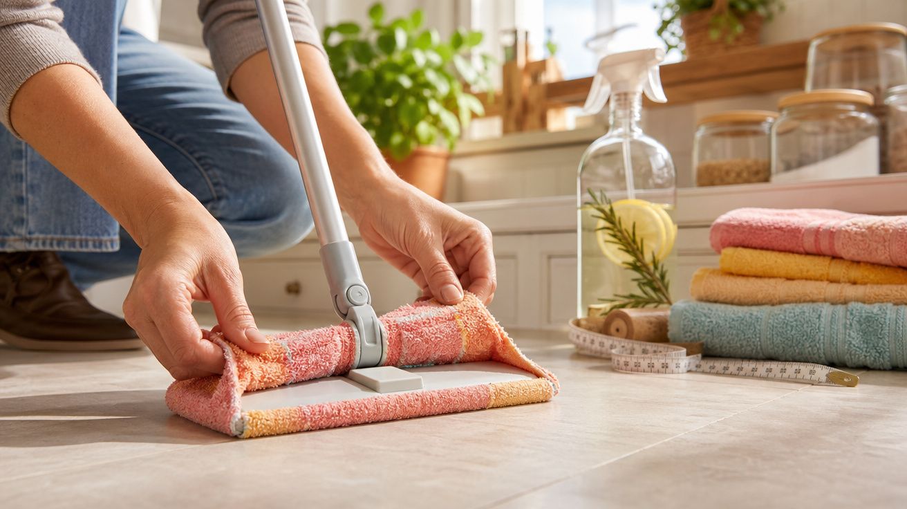 Pessoa a preparar esfregona com pano colorido para limpar chão numa cozinha iluminada