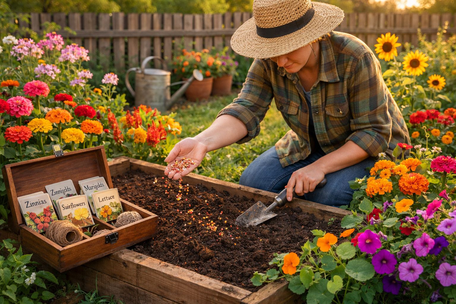 Pessoa a semear sementes em canteiro com flores coloridas num jardim ao ar livre.
