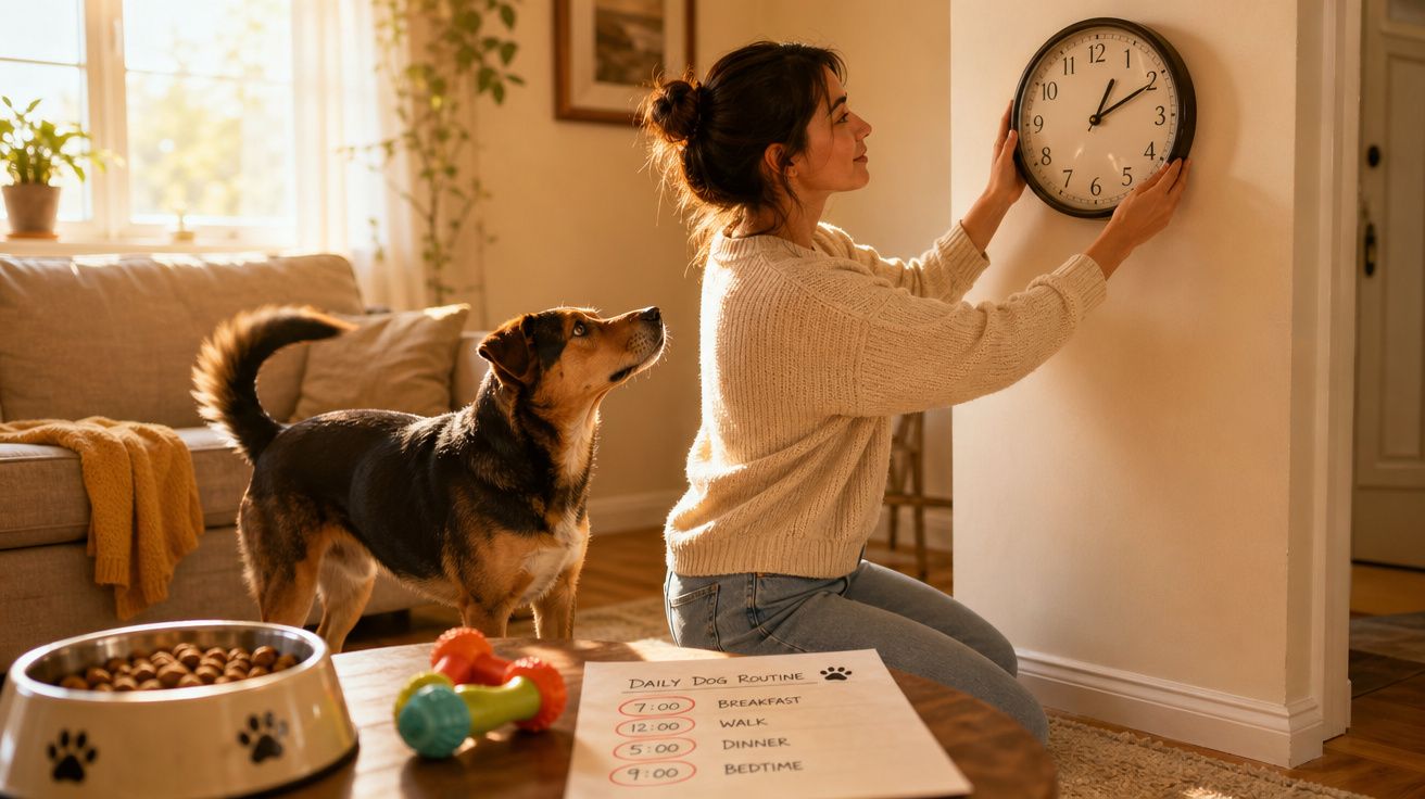 Mulher ajusta relógio na parede enquanto cão observa, com rotina diária de cão num ambiente acolhedor.