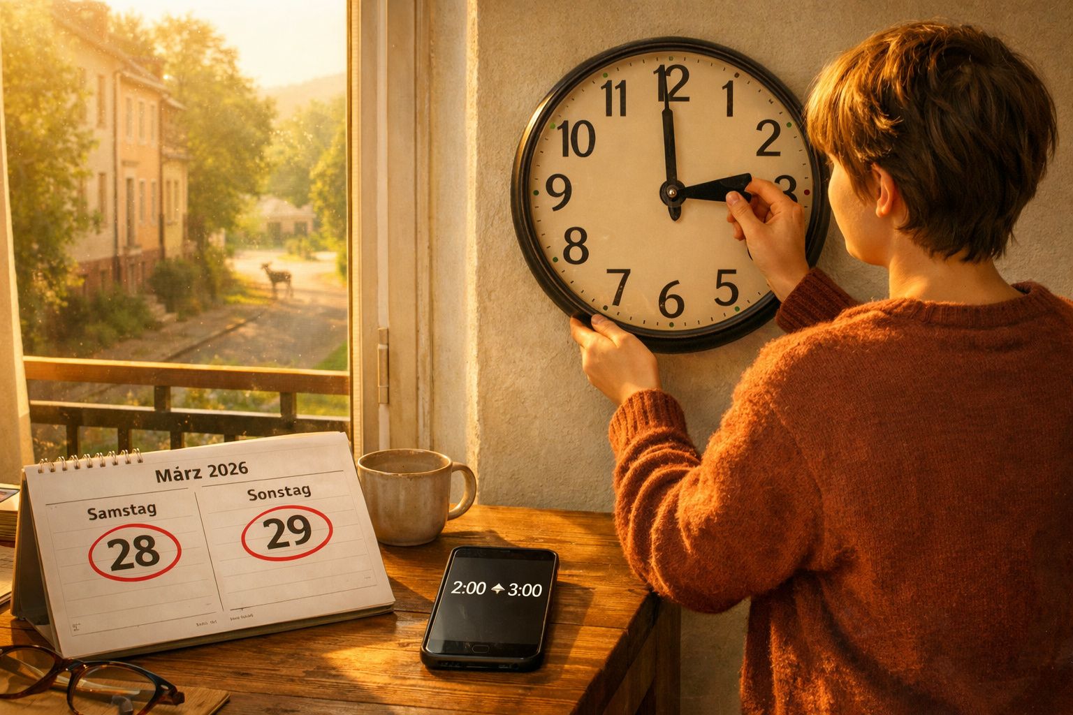 Pessoa a adiantar as horas num relógio de parede, junto a calendário com 28 e 29 de março de 2026 assinalados.