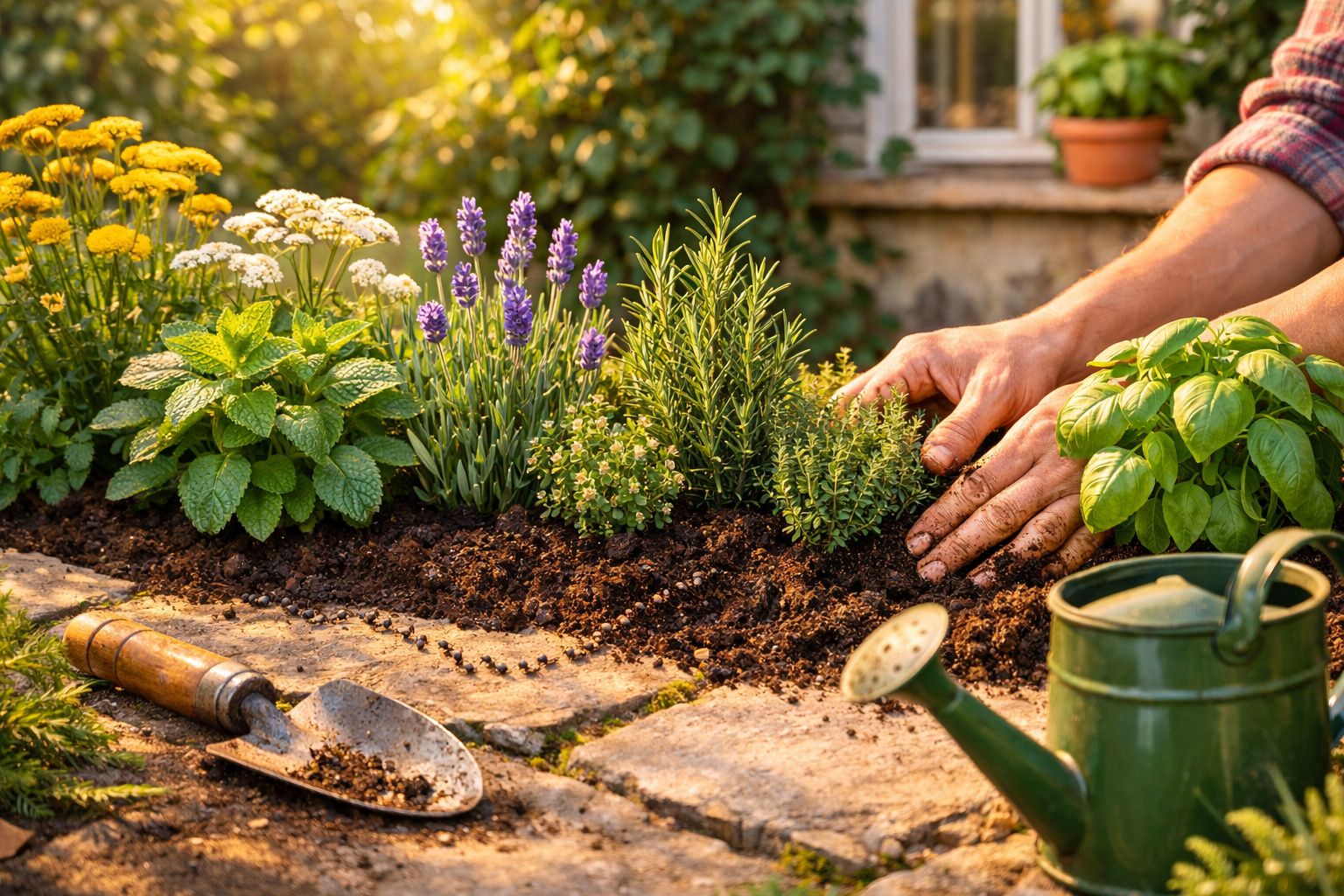 Pessoa a plantar ervas aromáticas num jardim com ferramentas e regador ao lado, em ambiente soalheiro.