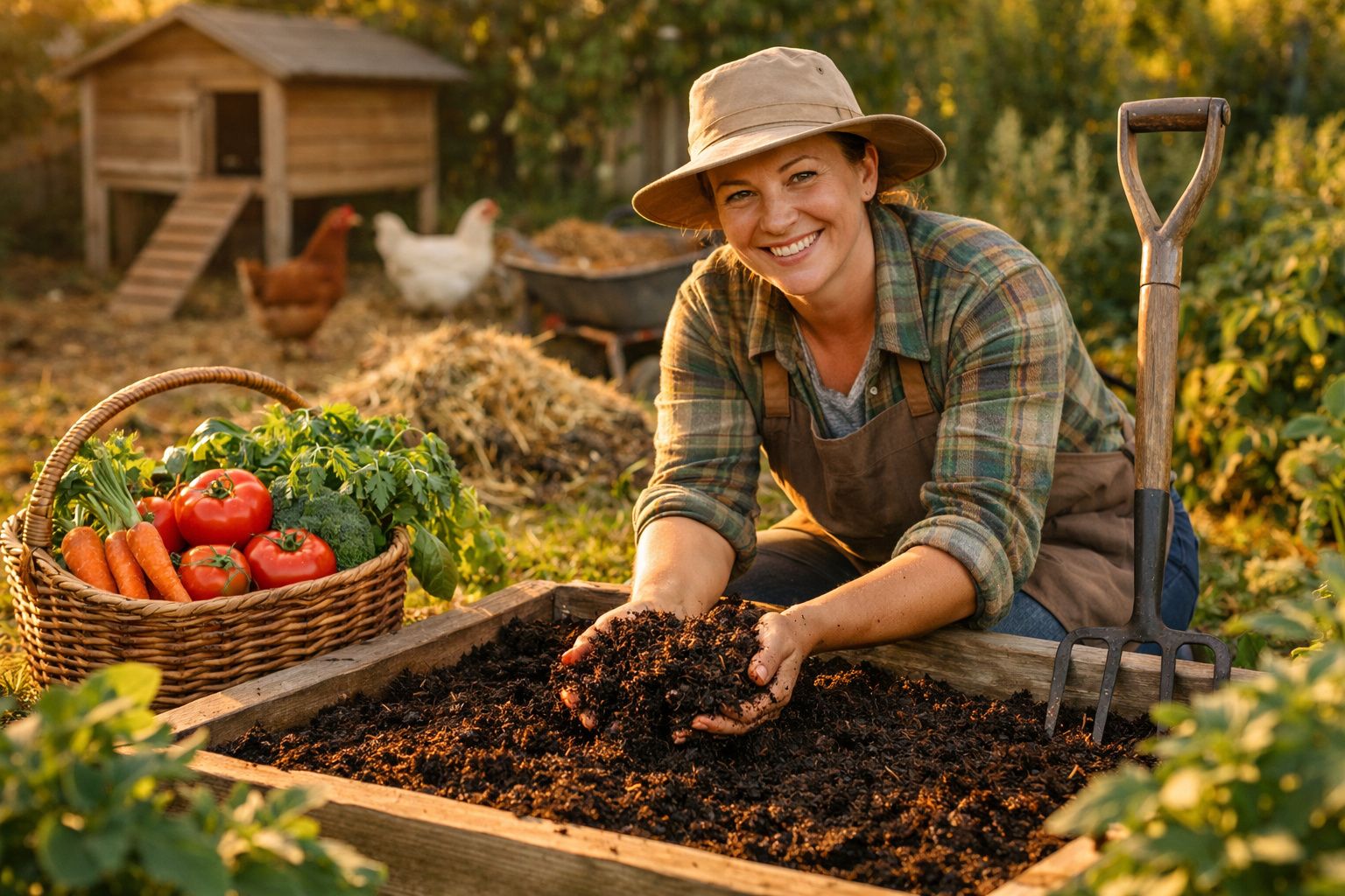 Mulher sorridente a mexer terra numa horta, com legumes frescos e galinhas ao fundo.