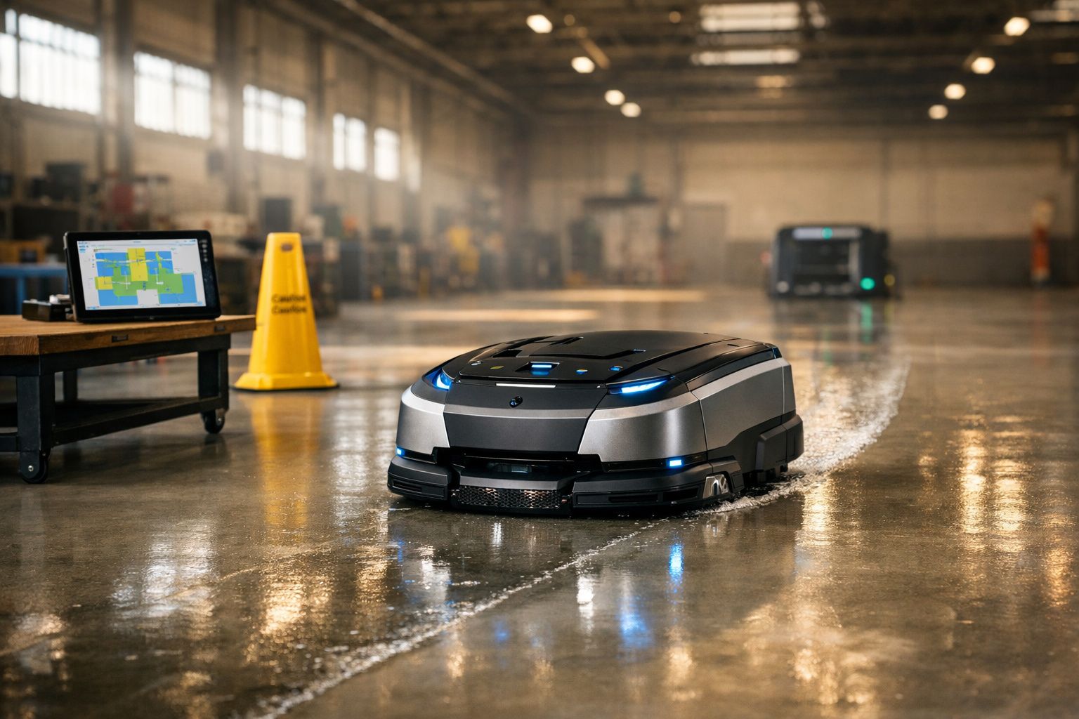 Robô aspirador a limpar o chão numa grande área industrial com sinalizador amarelo de aviso.