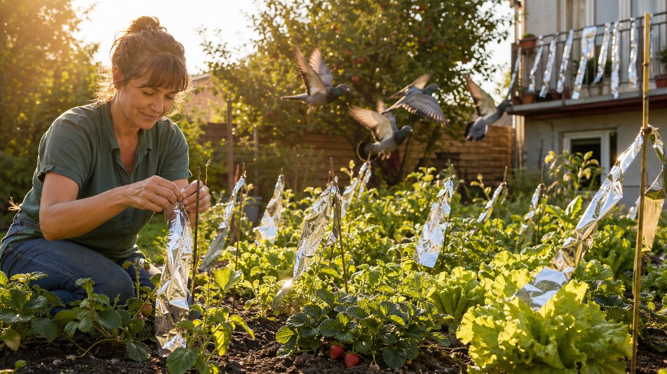 Mulher a cuidar de plantas numa horta doméstica ao pôr do sol com pombos voando ao fundo.