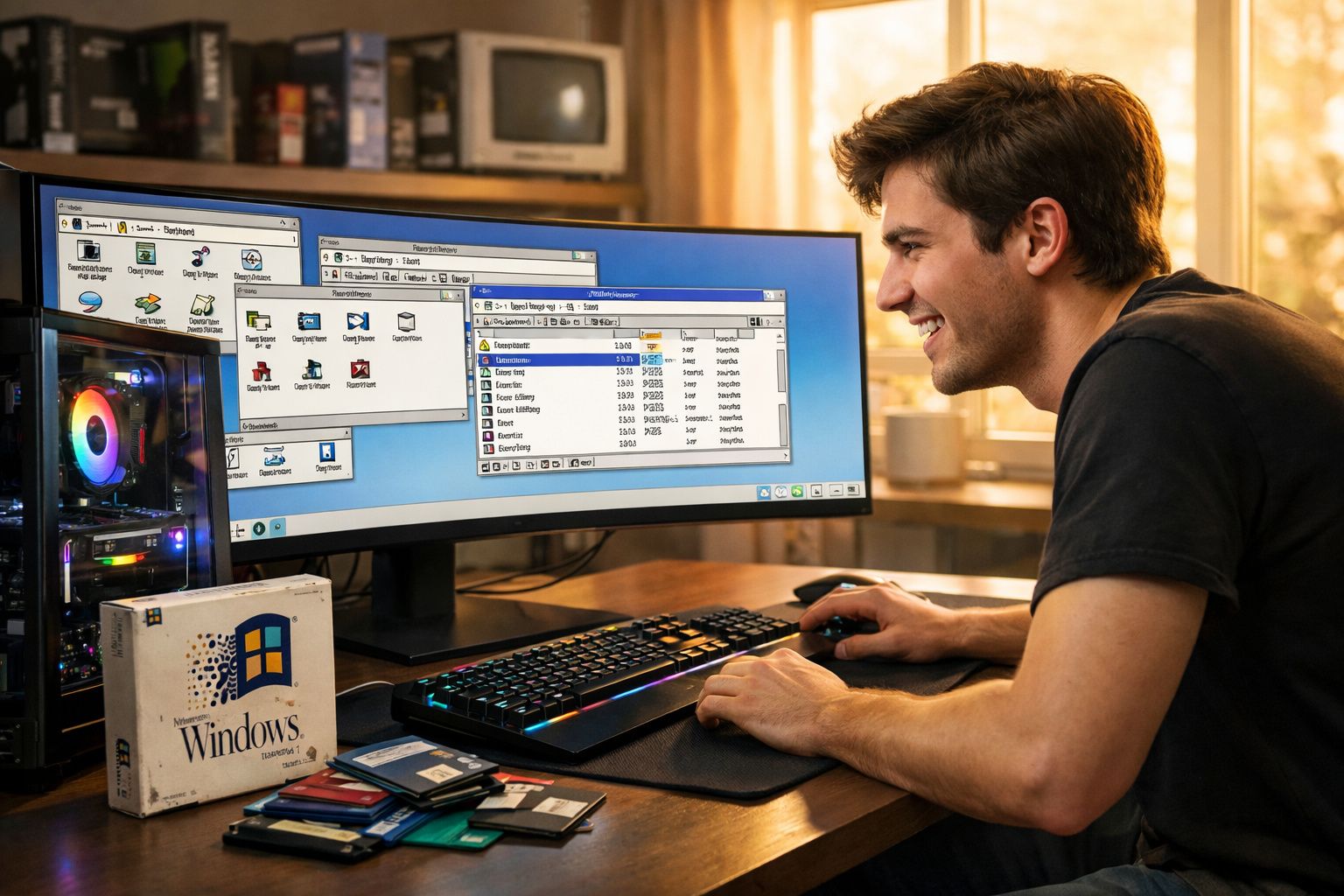 Homem jovem sorridente usando computador moderno com sistema operativo Windows 95 numa secretária doméstica.