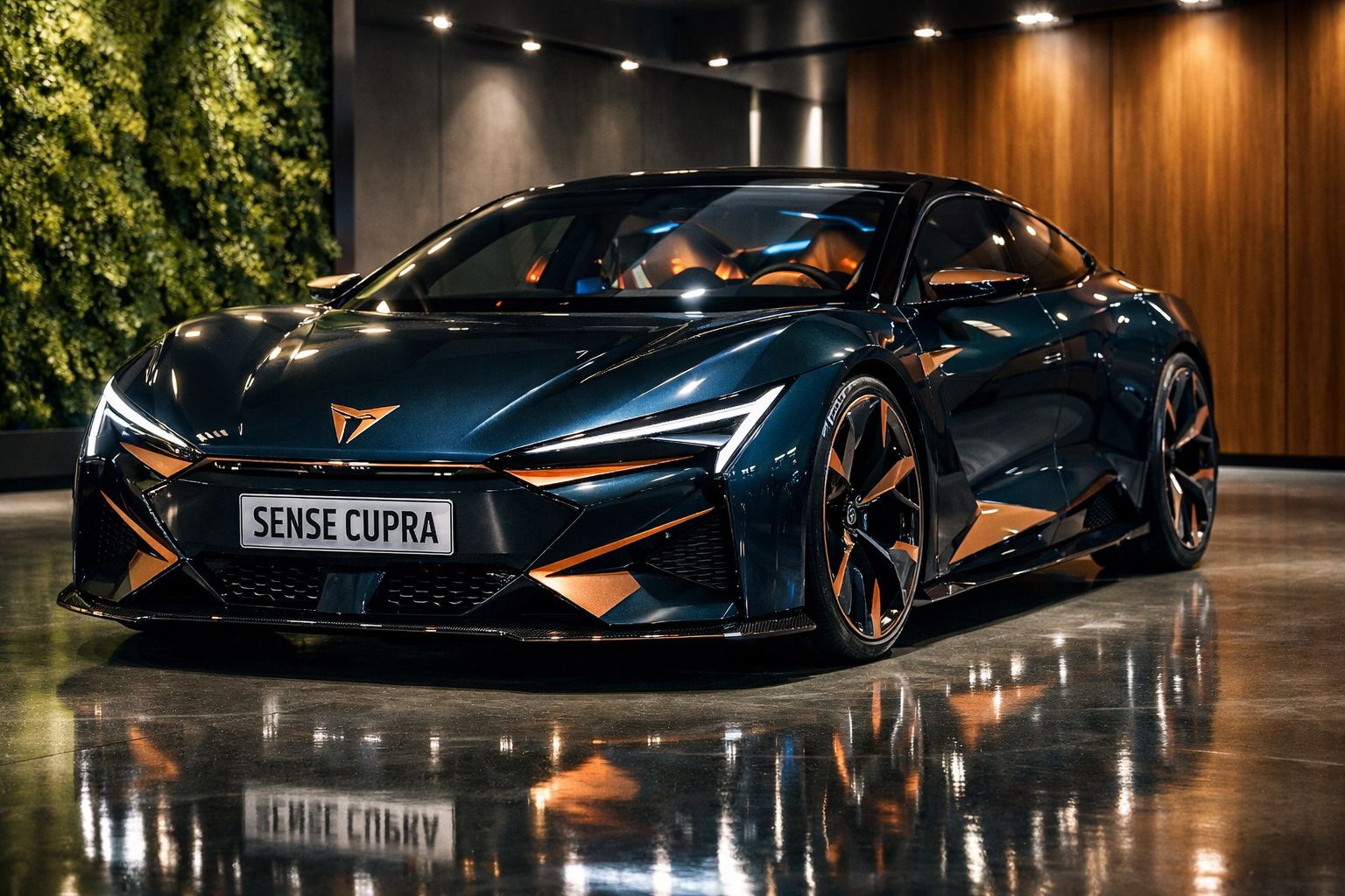 Carro desportivo Cupra Sense com design aerodinâmico e detalhes em castanho, estacionado em interior moderno.