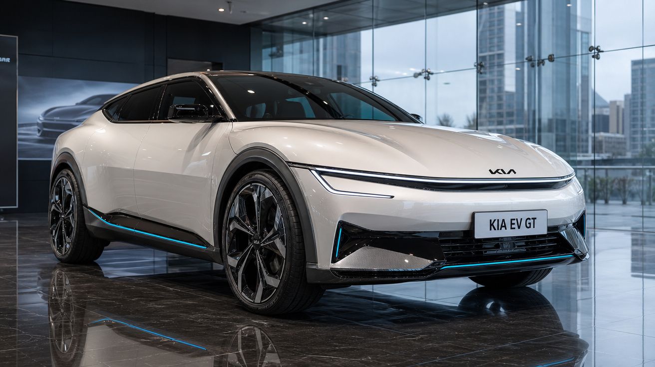 Automóvel elétrico branco Kia EV GT estacionado num showroom com piso de mármore e janelas de vidro.