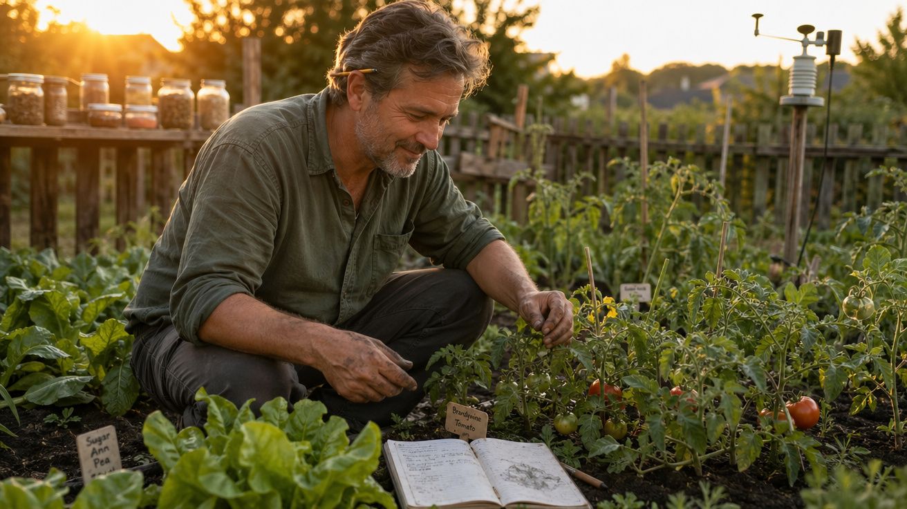 Homem a cultivar tomateiras numa horta com caderno de anotações aberto ao pôr do sol.