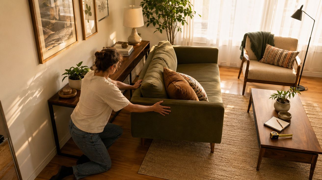 Mulher a mover um sofá verde numa sala iluminada com móveis de madeira e decoração acolhedora.