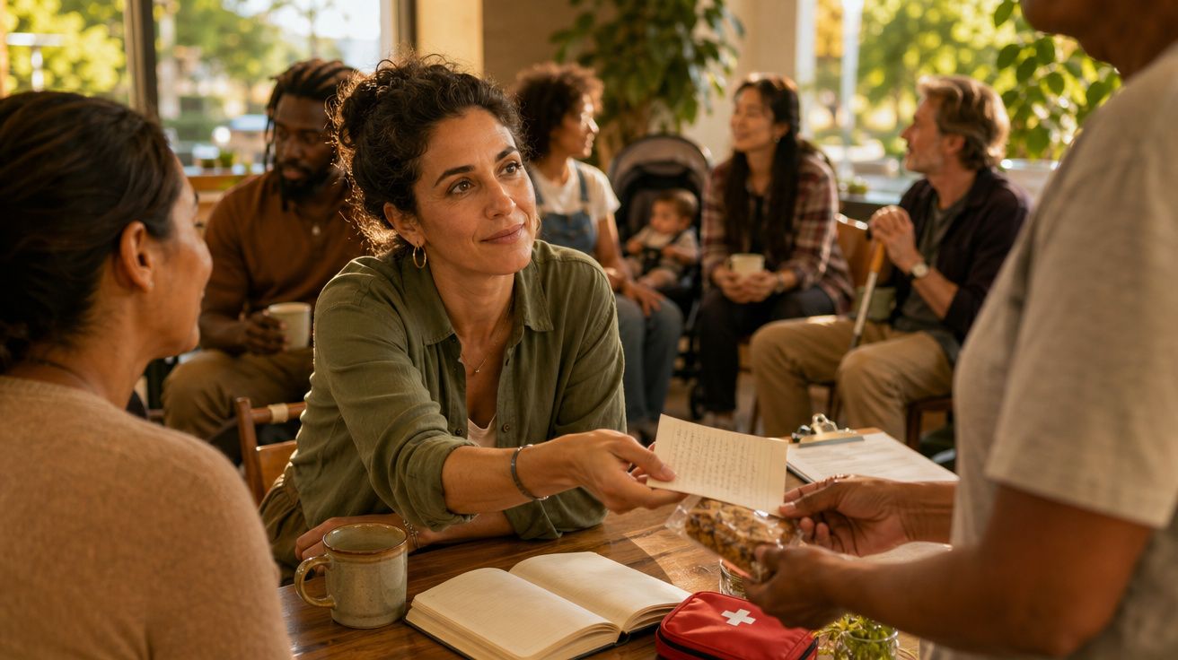 Mulher a entregar bilhete num grupo diverso a conversar numa mesa com livros e chá num ambiente acolhedor.
