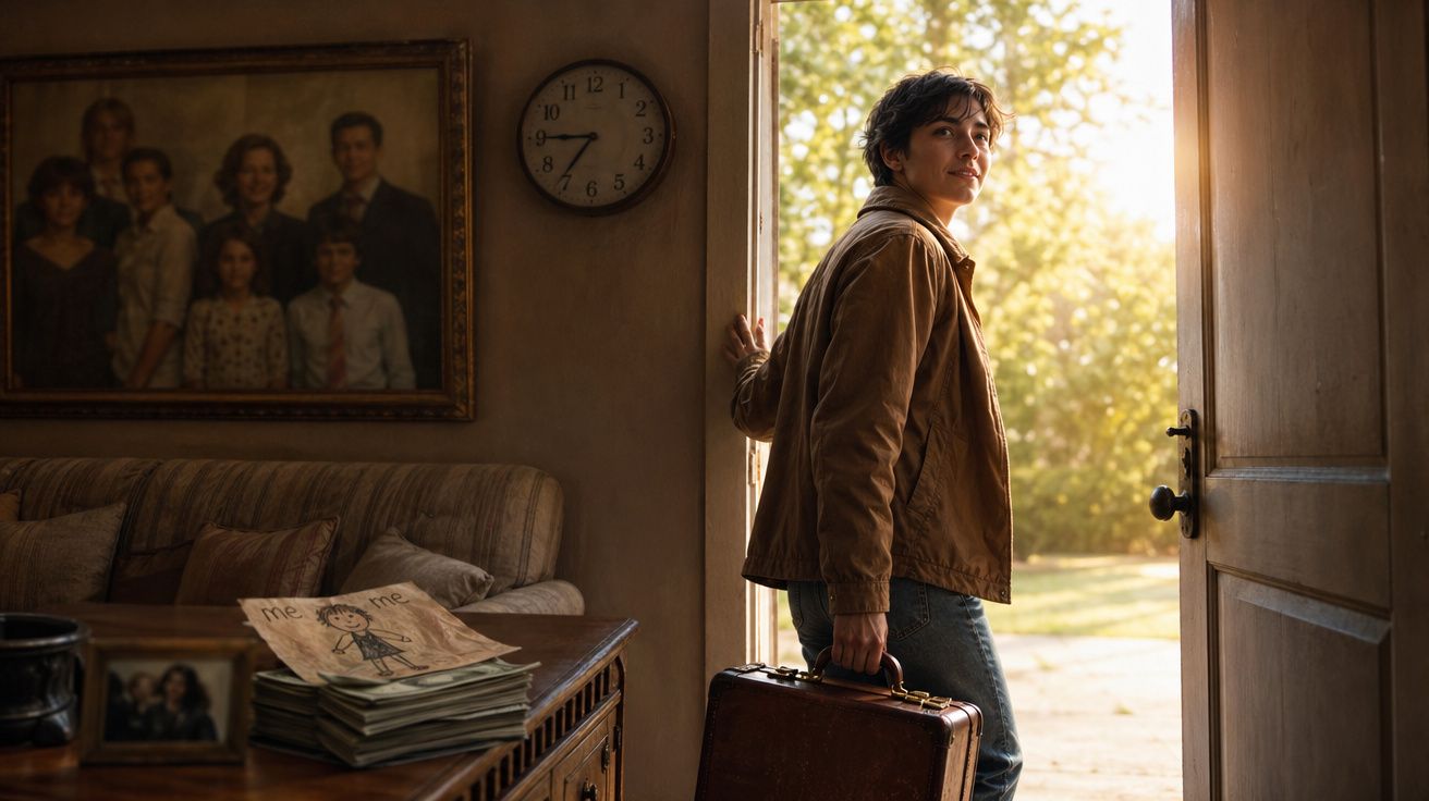 Jovem com mala na mão abre porta de casa, luz do sol entra, sofá e retratos em parede ao fundo.