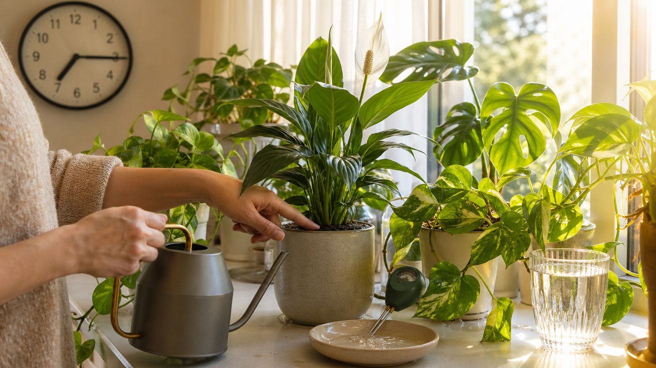 Pessoa a cuidar de plantas em vasos perto de uma janela com luz natural pela manhã.