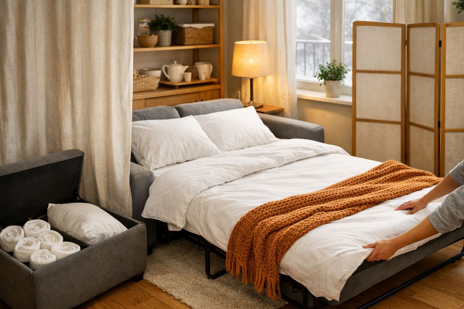 Sofá-cama cinzento com roupa de cama branca e manta castanha numa sala acolhedora com iluminação quente.