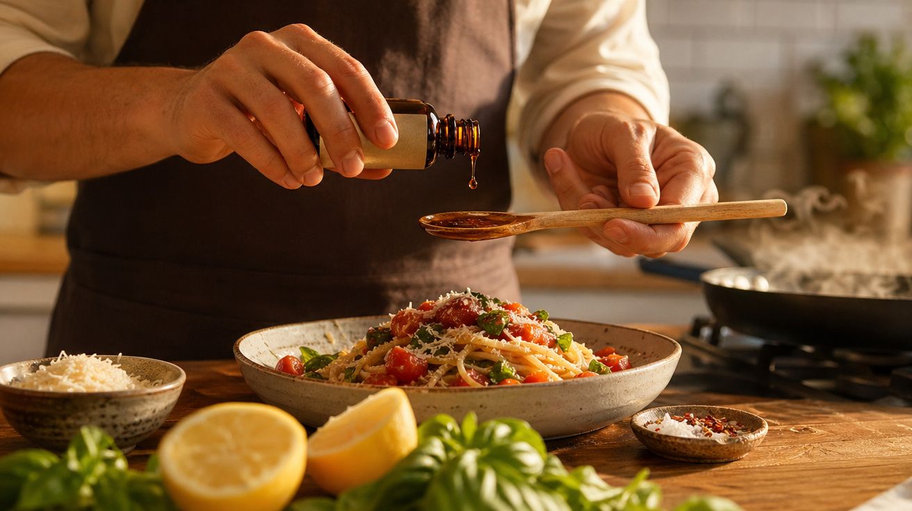 Pessoa a verter líquido de um frasco para uma colher sobre prato de massa com tomate e manjericão na cozinha.